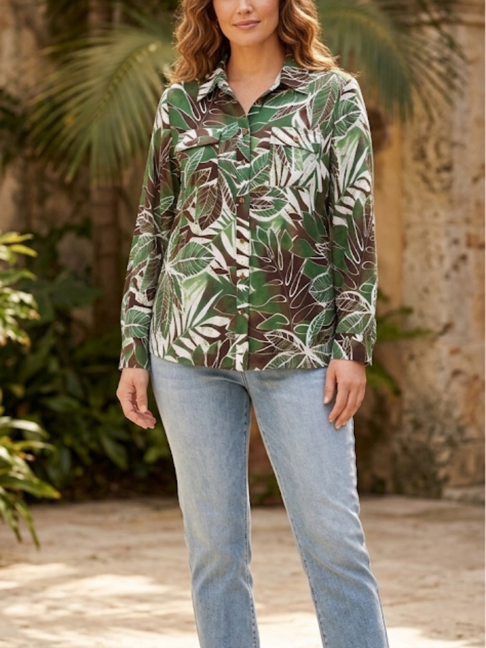 Vintage Jones New York Safari Tropical Plant Leaf Button Front Shirt